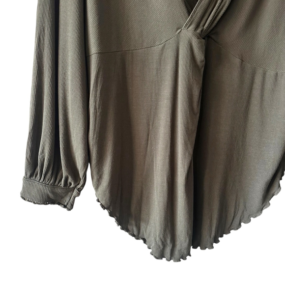 Free People Olive Ribbed Long Sleeve Knotted Back Lettuce Hem Top M - Picture 8 of 12